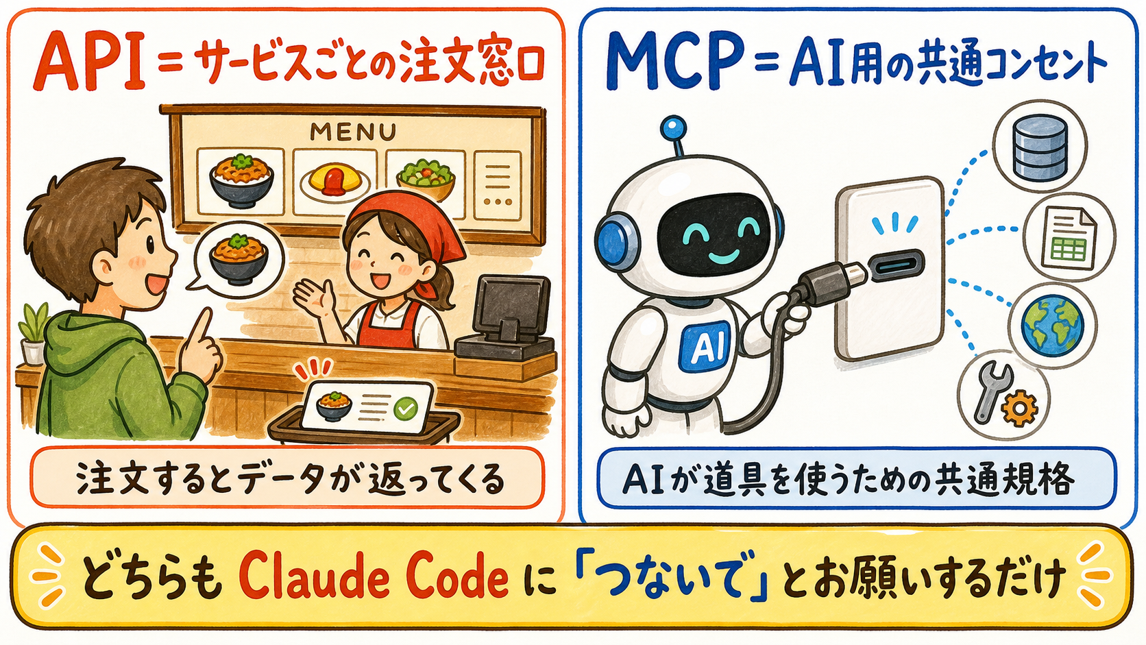 API=注文窓口 / MCP=AI用の共通コンセント。どちらもClaude Codeにお願いするだけ